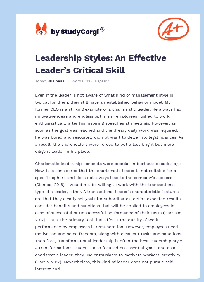 Leadership Styles: An Effective Leader’s Critical Skill. Page 1