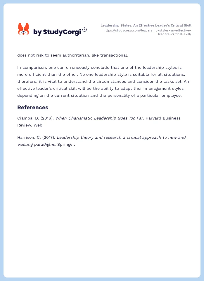 Leadership Styles: An Effective Leader’s Critical Skill. Page 2