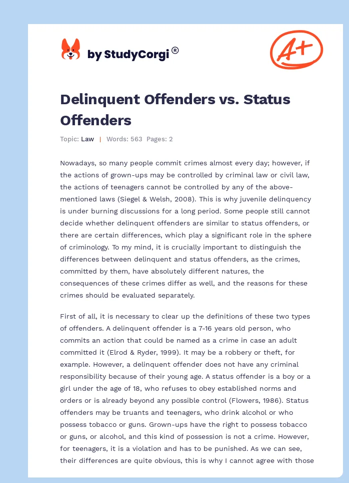 Delinquent Offenders vs. Status Offenders. Page 1