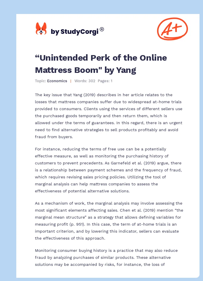 “Unintended Perk of the Online Mattress Boom" by Yang. Page 1