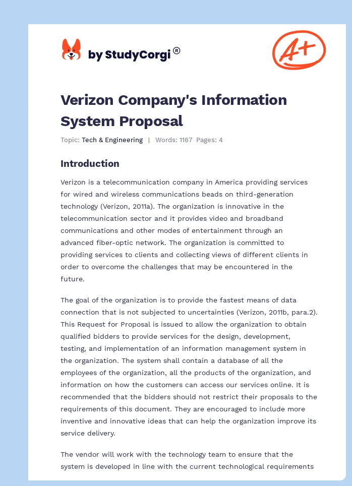 Verizon Company's Information System Proposal. Page 1