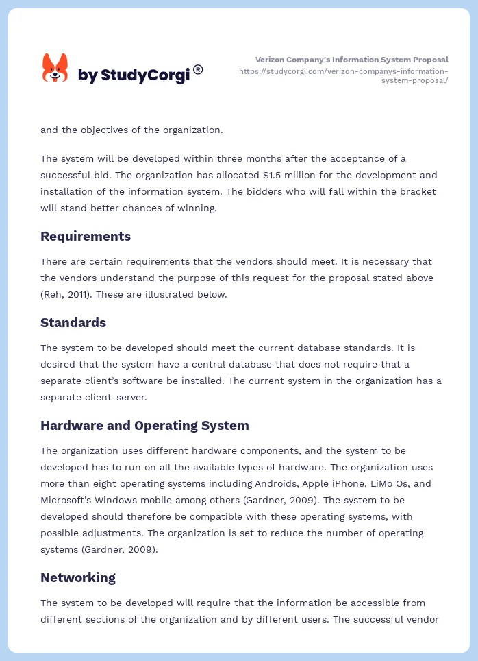 Verizon Company's Information System Proposal. Page 2
