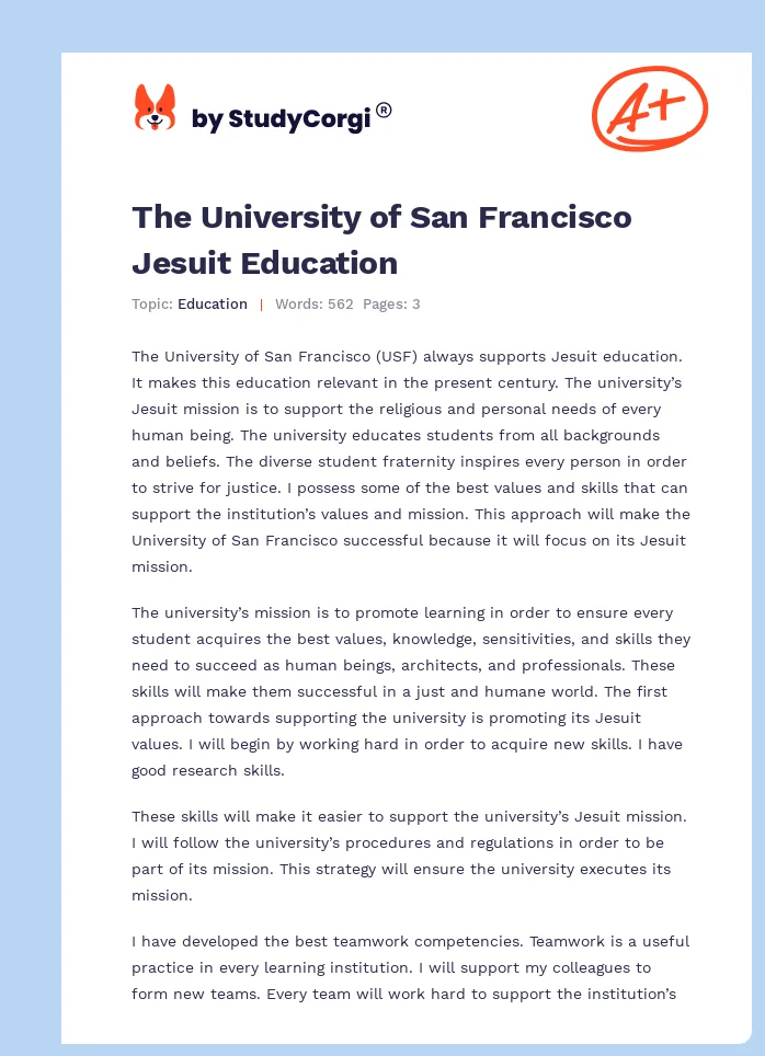The University of San Francisco Jesuit Education. Page 1