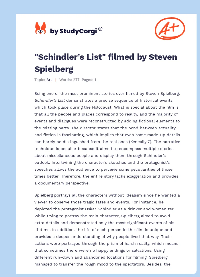 "Schindler’s List" filmed by Steven Spielberg. Page 1