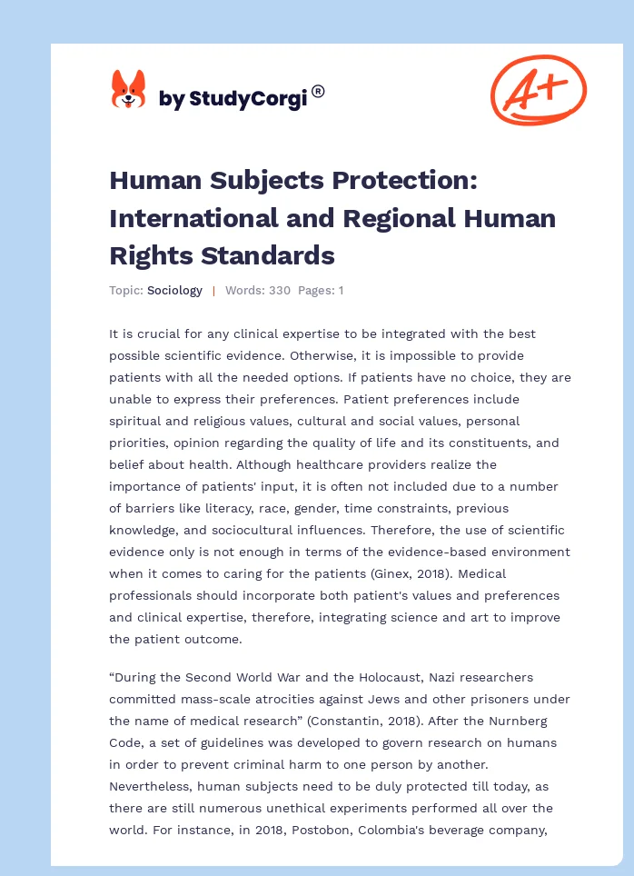 Human Subjects Protection: International and Regional Human Rights Standards. Page 1