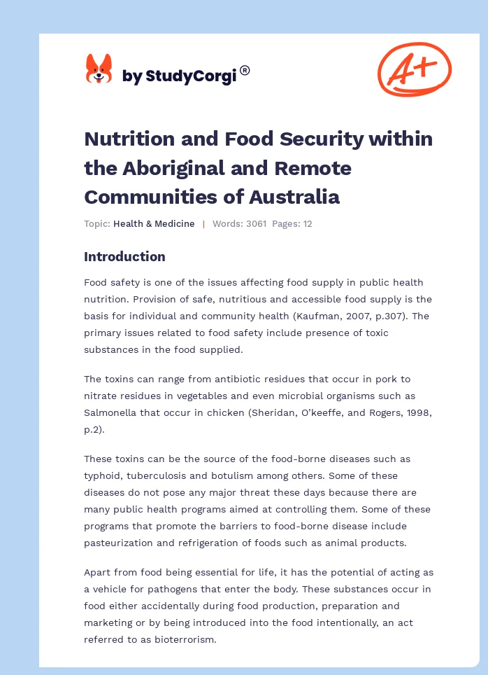Nutrition and Food Security within the Aboriginal and Remote Communities of Australia. Page 1