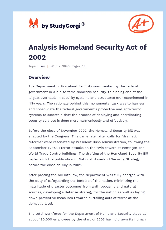 Analysis Homeland Security Act of 2002. Page 1