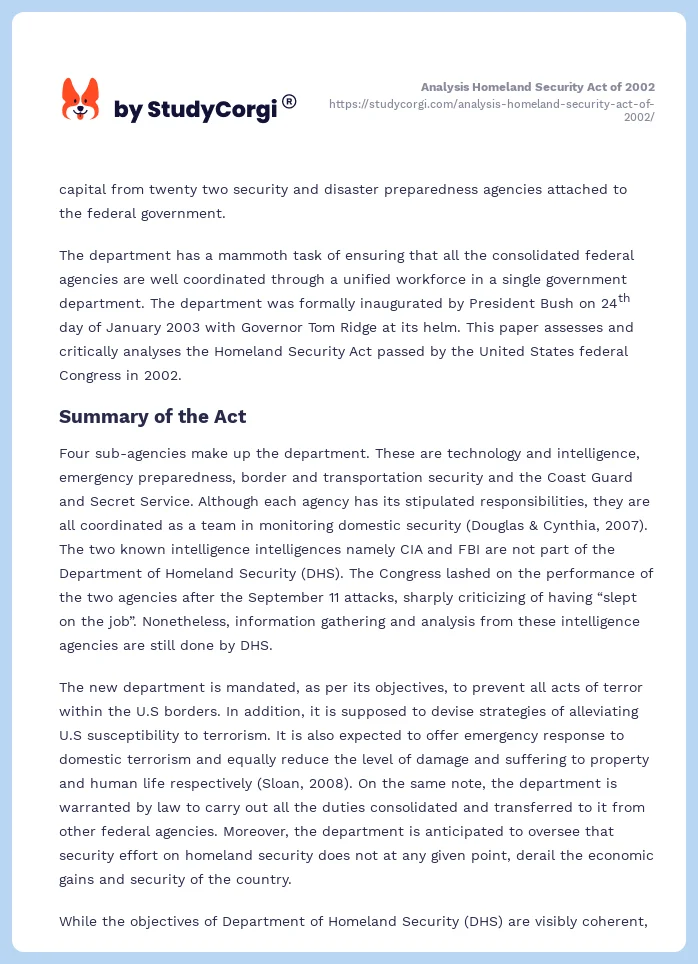 Analysis Homeland Security Act of 2002. Page 2