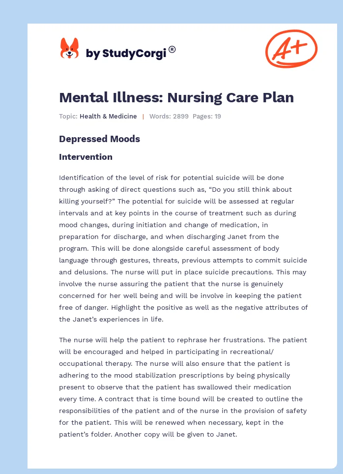 Mental Illness: Nursing Care Plan. Page 1