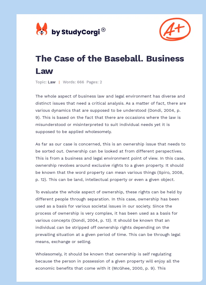 The Case of the Baseball. Business Law. Page 1