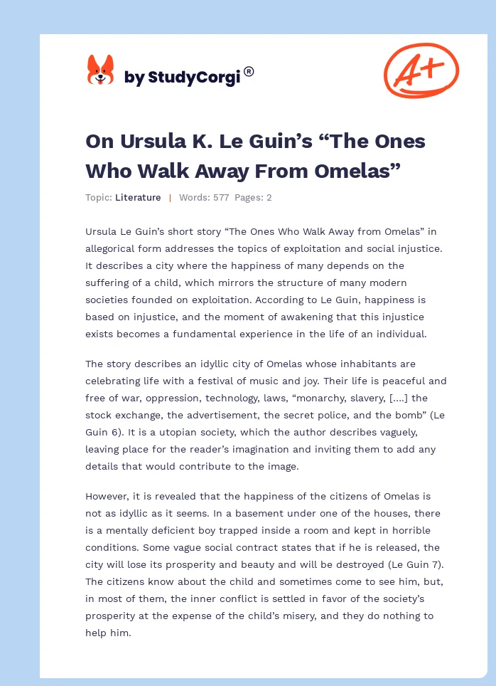 On Ursula K. Le Guin’s “The Ones Who Walk Away From Omelas”. Page 1