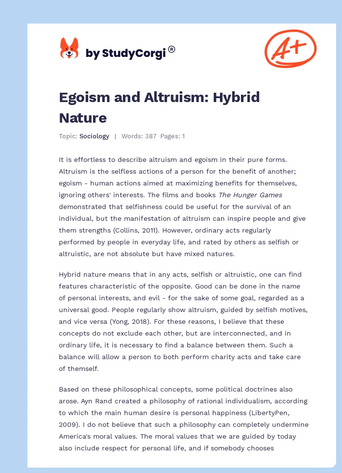 Egoism and Altruism: Hybrid Nature. Page 1