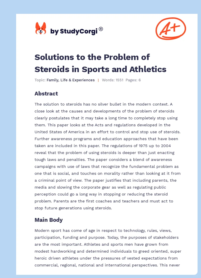 Solutions to the Problem of Steroids in Sports and Athletics. Page 1
