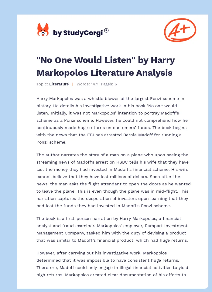 "No One Would Listen" by Harry Markopolos Literature Analysis. Page 1