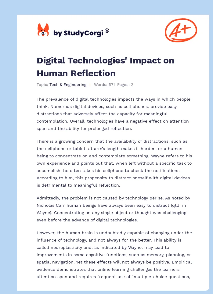 Digital Technologies' Impact on Human Reflection. Page 1