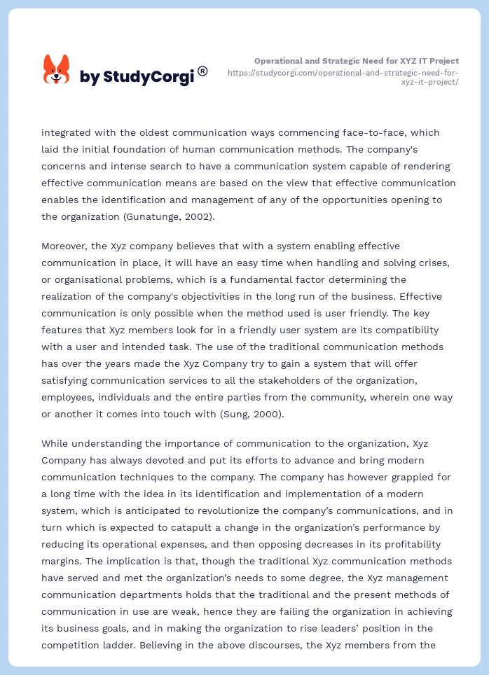 Operational and Strategic Need for XYZ IT Project. Page 2