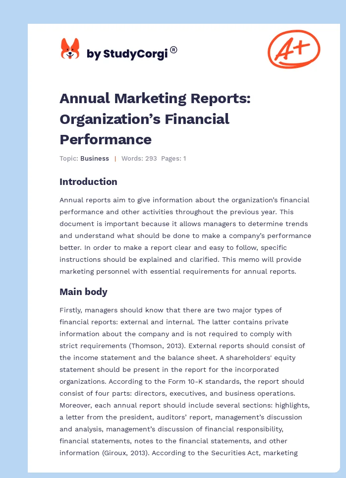 Annual Marketing Reports: Organization’s Financial Performance. Page 1