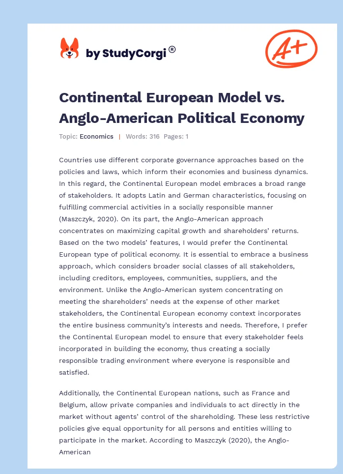 Continental European Model vs. Anglo-American Political Economy. Page 1