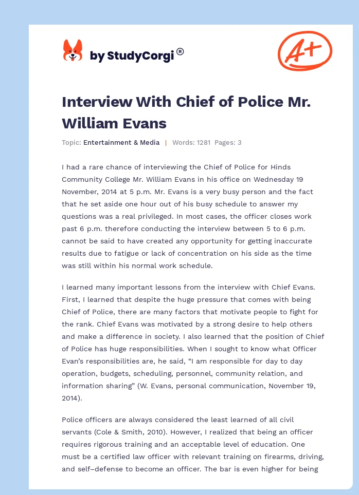 Interview With Chief of Police Mr. William Evans. Page 1
