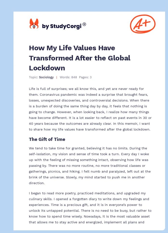 How My Life Values Have Transformed After the Global Lockdown. Page 1