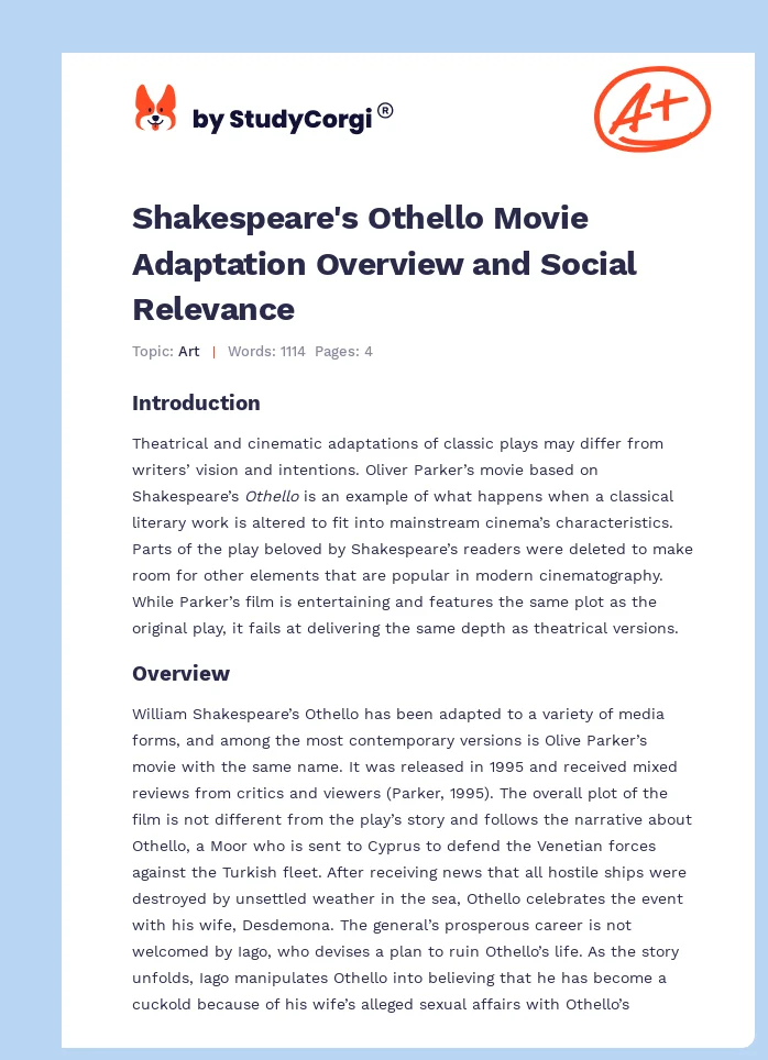 Shakespeare's Othello Movie Adaptation Overview and Social Relevance. Page 1