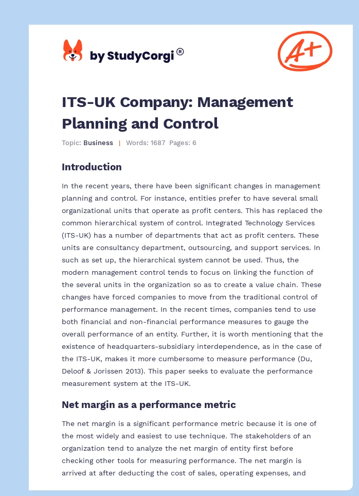 ITS-UK Company: Management Planning and Control. Page 1