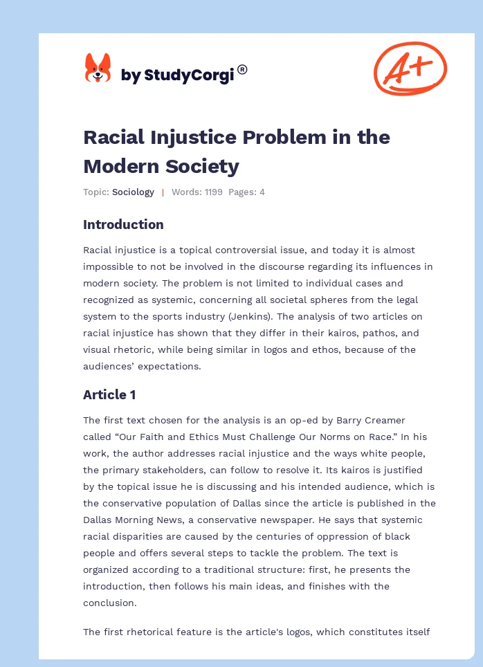 Racial Injustice Problem in the Modern Society. Page 1