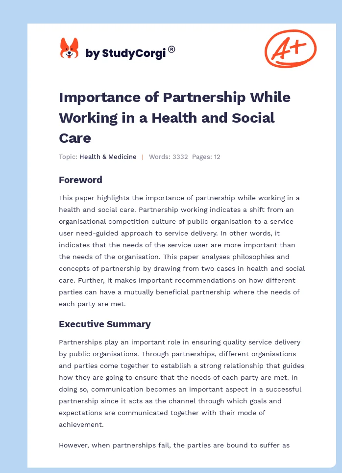 Importance of Partnership While Working in a Health and Social Care. Page 1
