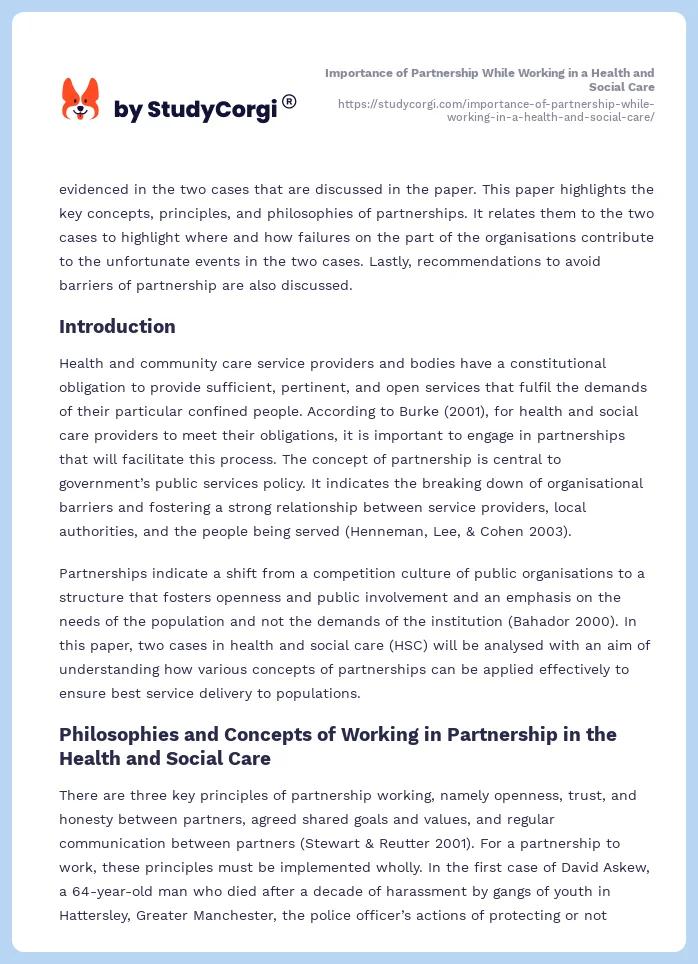 Importance of Partnership While Working in a Health and Social Care. Page 2