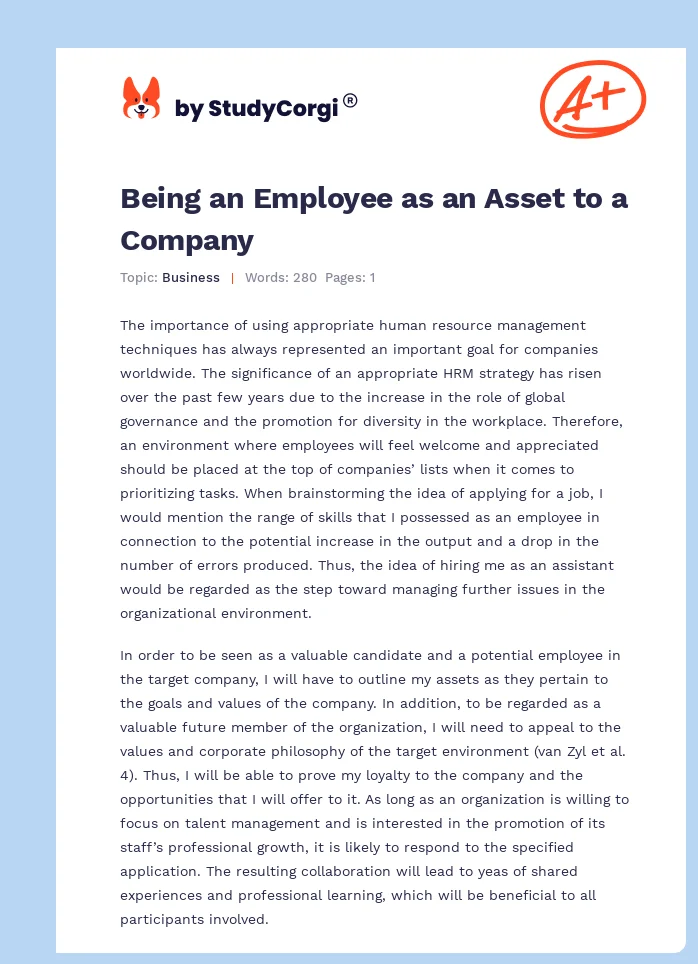 Being an Employee as an Asset to a Company. Page 1