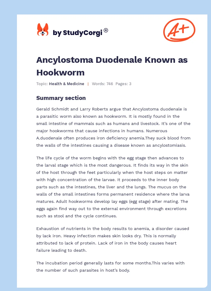 Ancylostoma Duodenale Known as Hookworm. Page 1