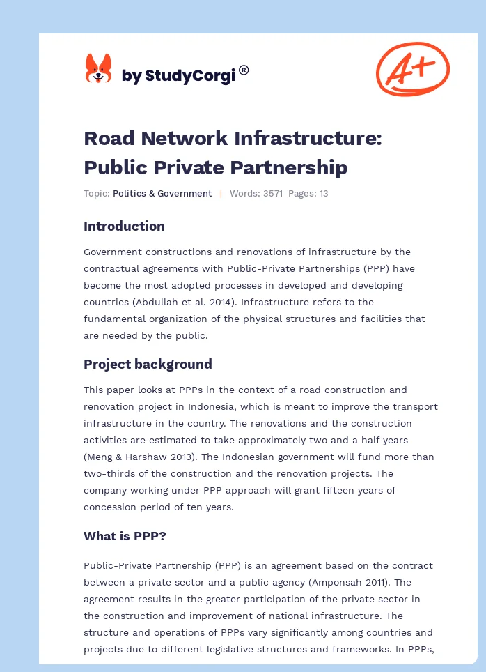 Road Network Infrastructure: Public Private Partnership. Page 1
