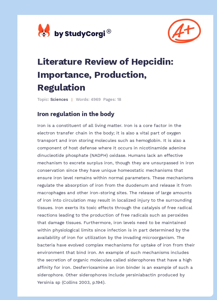 Literature Review of Hepcidin: Importance, Production, Regulation. Page 1
