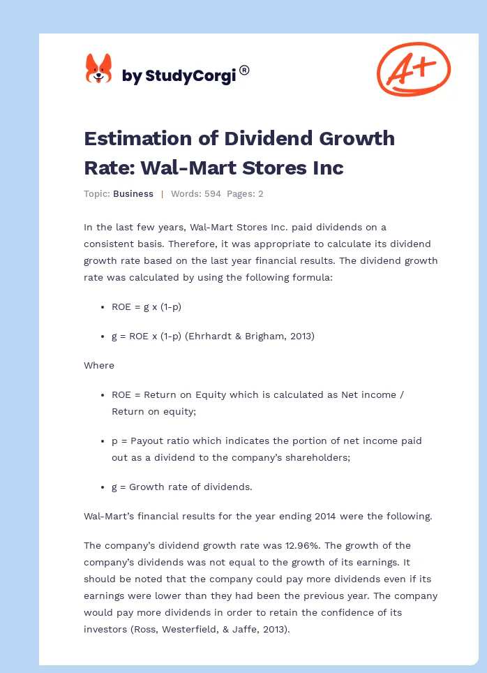 Estimation of Dividend Growth Rate: Wal-Mart Stores Inc. Page 1