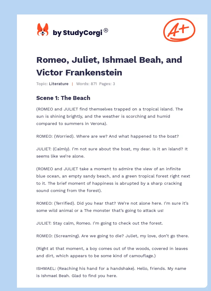 Romeo, Juliet, Ishmael Beah, and Victor Frankenstein. Page 1