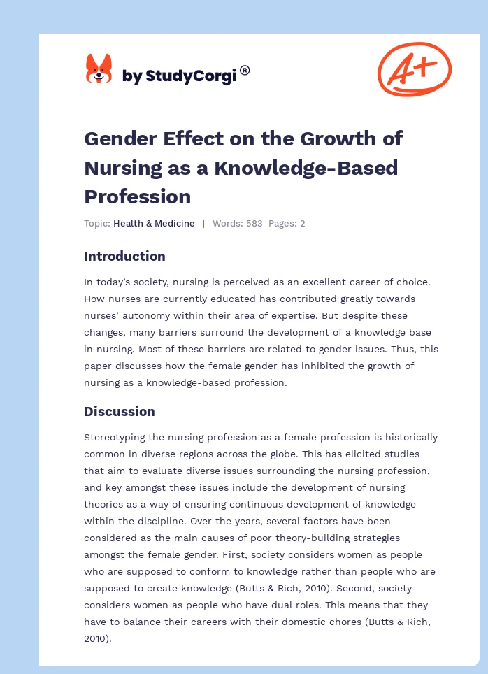 Gender Effect on the Growth of Nursing as a Knowledge-Based Profession. Page 1