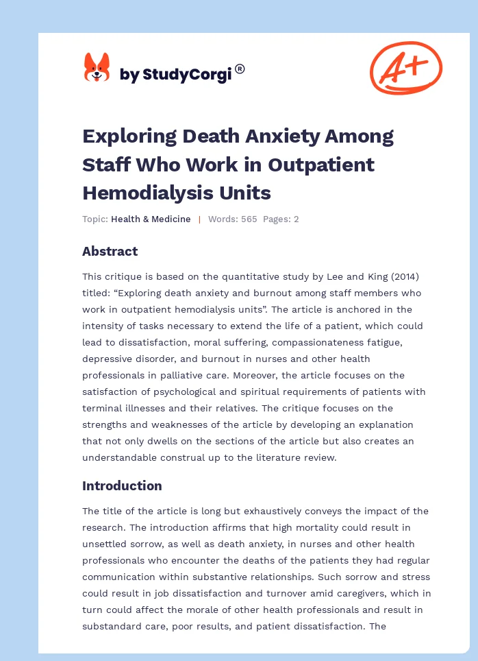 Exploring Death Anxiety Among Staff Who Work in Outpatient Hemodialysis Units. Page 1