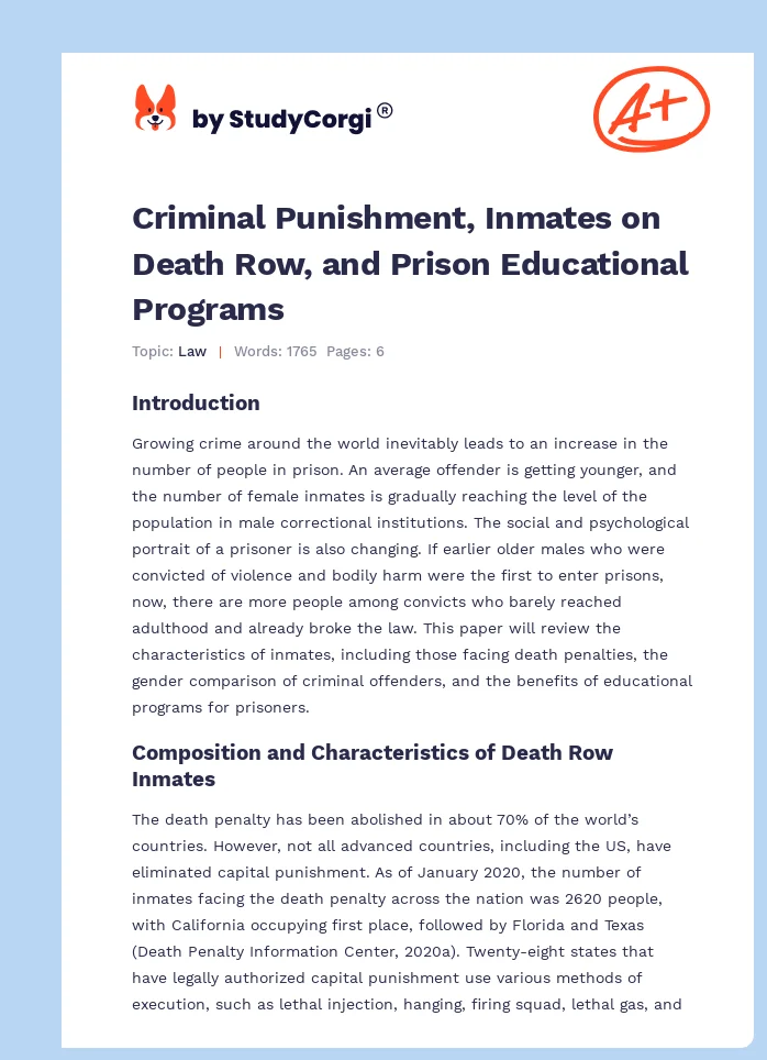 Criminal Punishment, Inmates on Death Row, and Prison Educational Programs. Page 1
