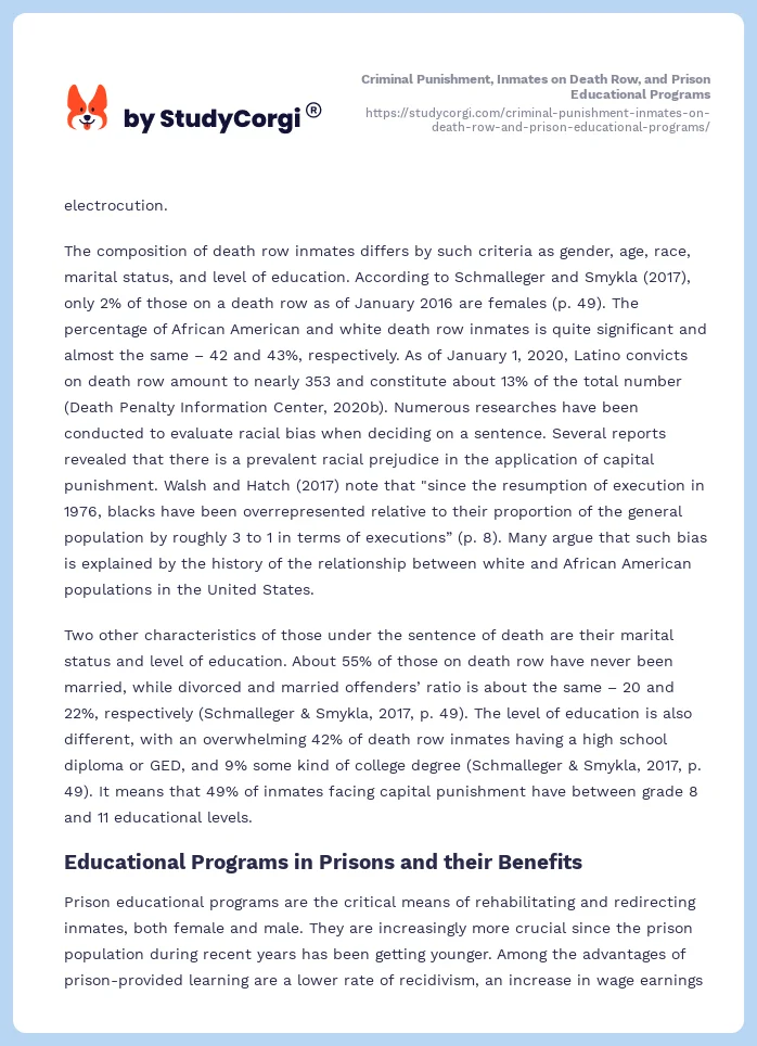 Criminal Punishment, Inmates on Death Row, and Prison Educational Programs. Page 2
