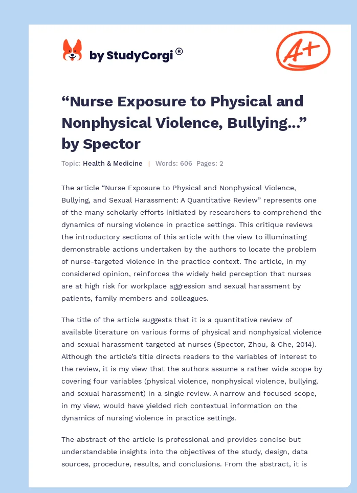“Nurse Exposure to Physical and Nonphysical Violence, Bullying...” by Spector. Page 1
