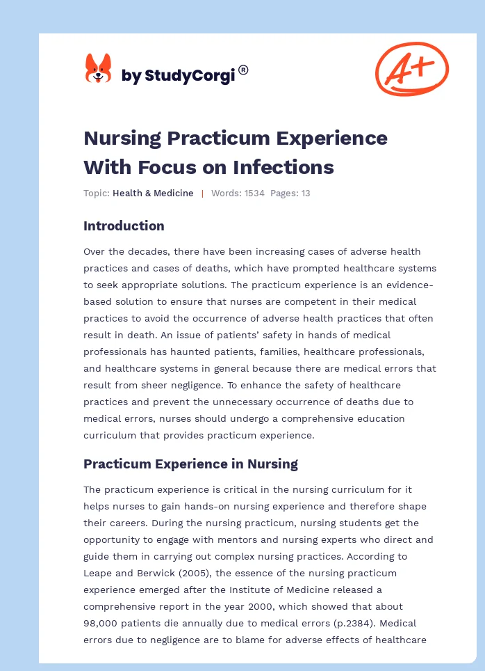 Nursing Practicum Experience With Focus on Infections. Page 1