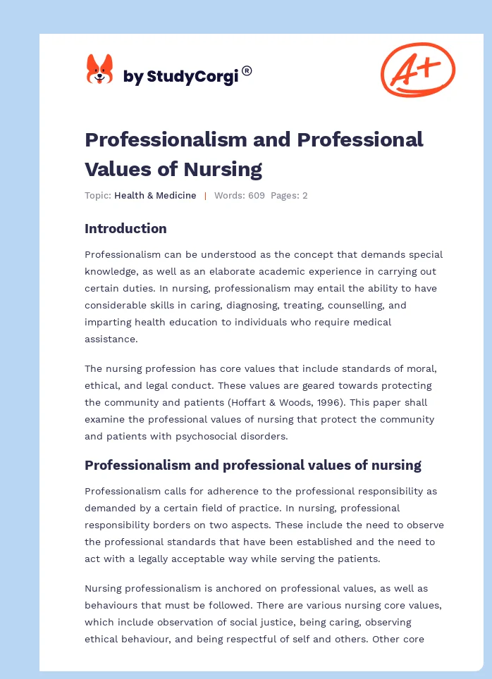 Professionalism and Professional Values of Nursing. Page 1