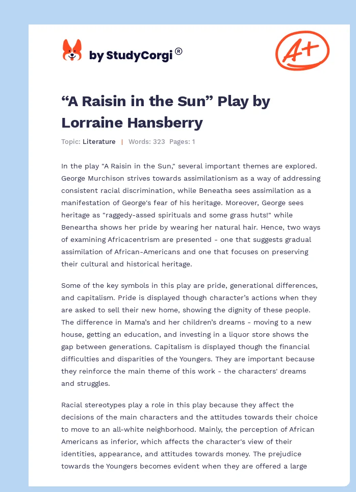 “A Raisin in the Sun” Play by Lorraine Hansberry. Page 1