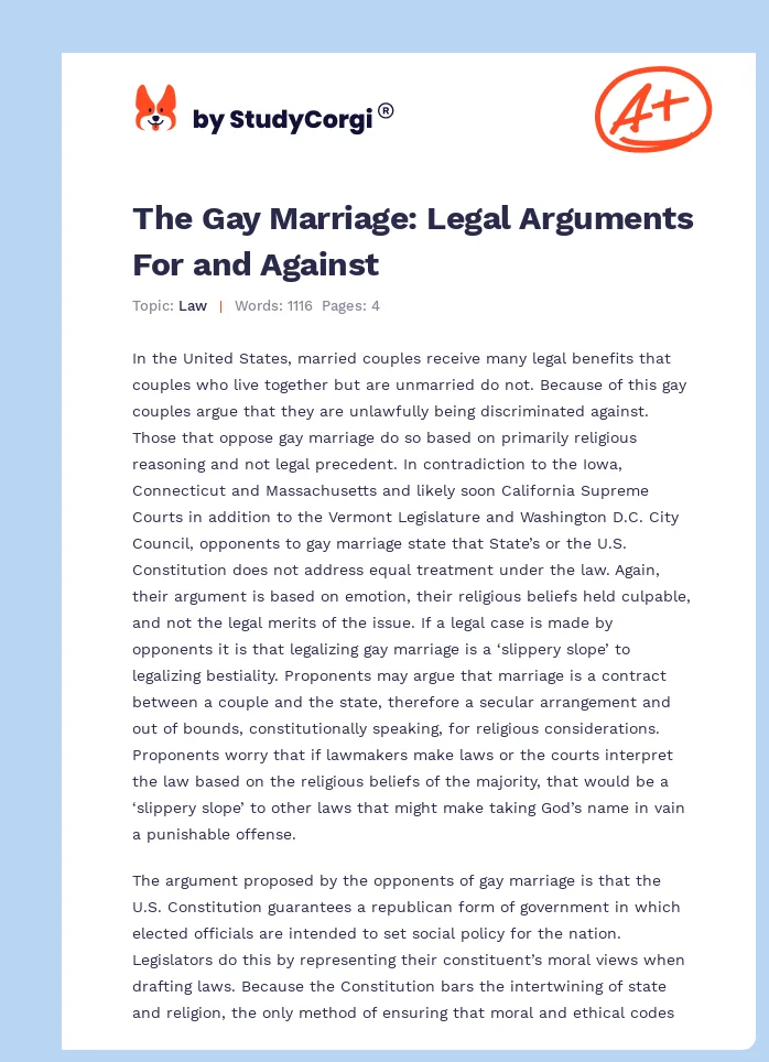 The Gay Marriage: Legal Arguments For and Against. Page 1
