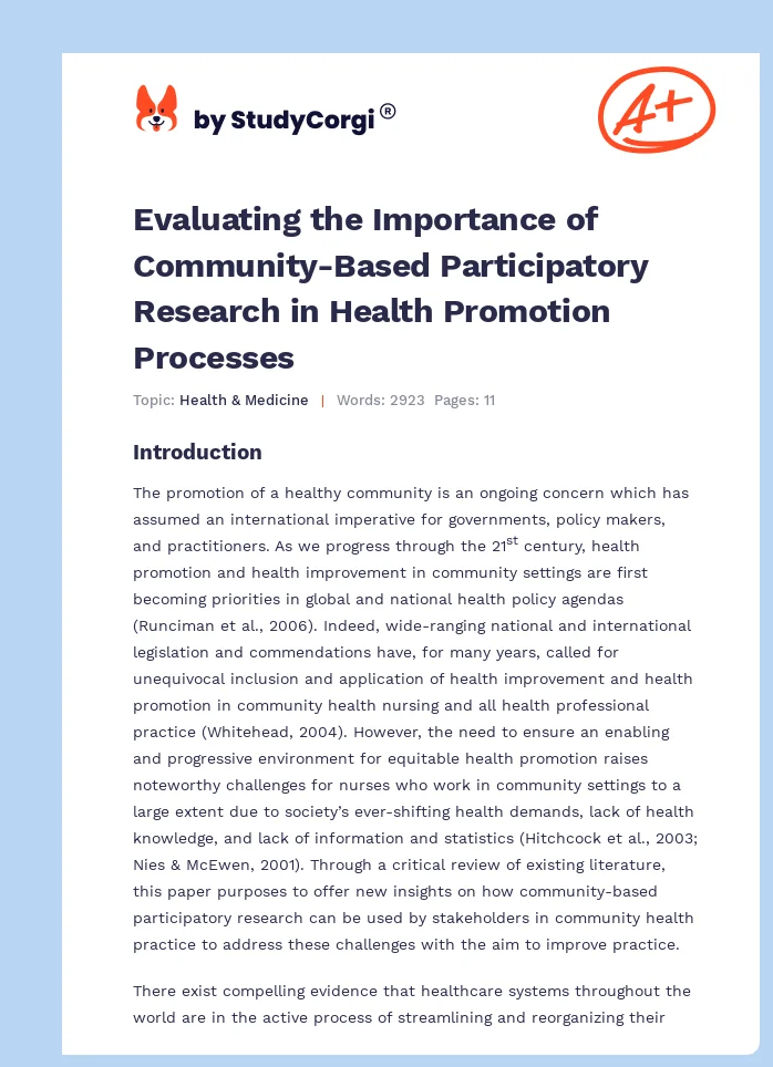 Evaluating the Importance of Community-Based Participatory Research in Health Promotion Processes. Page 1