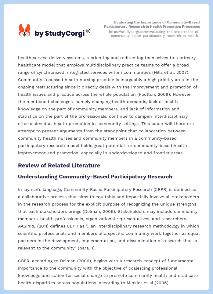 Evaluating the Importance of Community-Based Participatory Research in Health Promotion Processes. Page 2