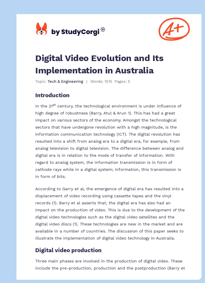 Digital Video Evolution and Its Implementation in Australia. Page 1