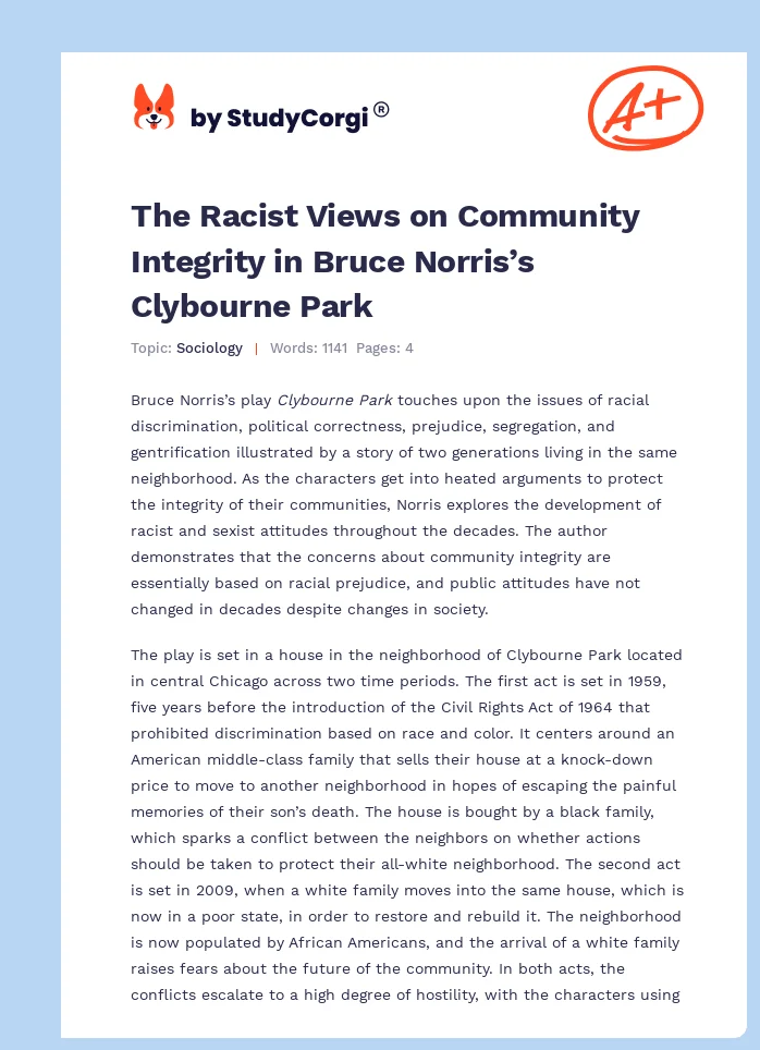 The Racist Views on Community Integrity in Bruce Norris’s Clybourne Park. Page 1