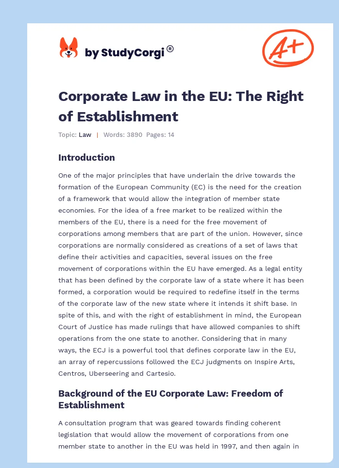 Corporate Law in the EU: The Right of Establishment. Page 1