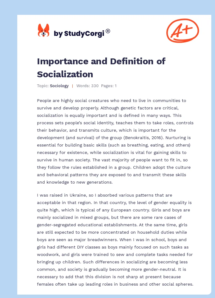 Importance and Definition of Socialization. Page 1